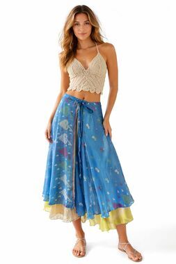 Kariza Boho Fairy Wrap Skirt Sheer Silk Blue Layered Festival Hippie Flowy OSFA
